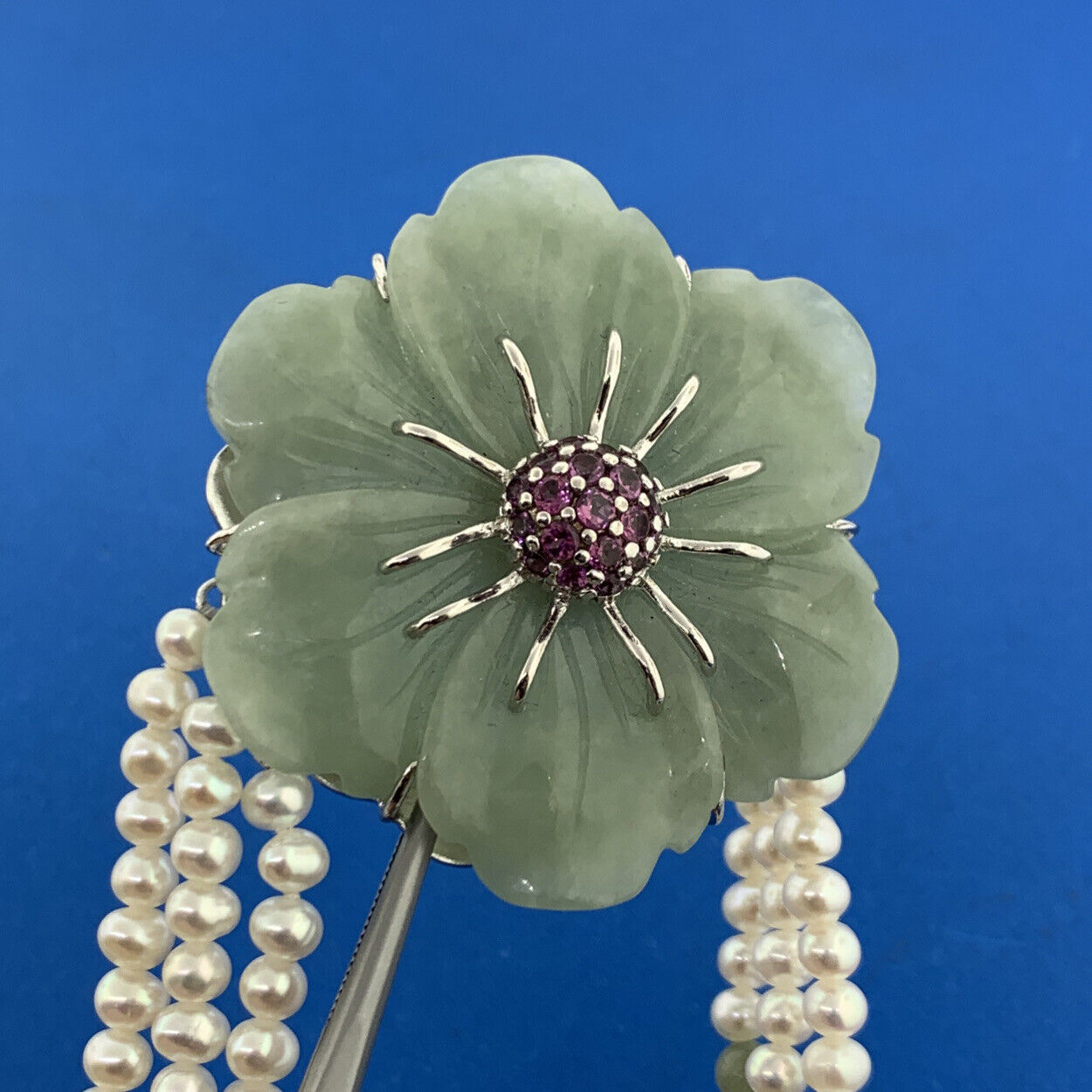 Designer Sterling Silver Carved Jade Pearl Pink Tourmaline Statement Necklace