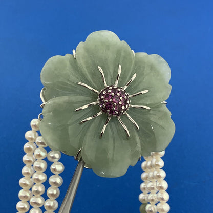 Designer Sterling Silver Carved Jade Pearl Pink Tourmaline Statement Necklace