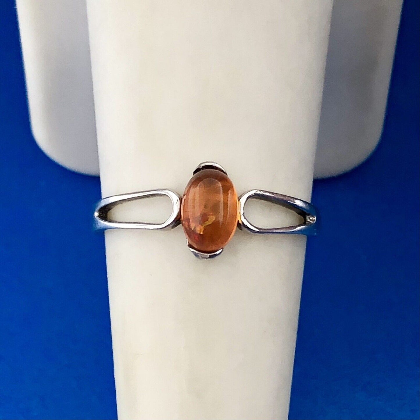 Modernist 925 Sterling Silver Oval Amber Cabochon Ring