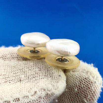 Retro 14K Yellow Gold White Iridescent Mabe Pearl Statement Stud Earrings
