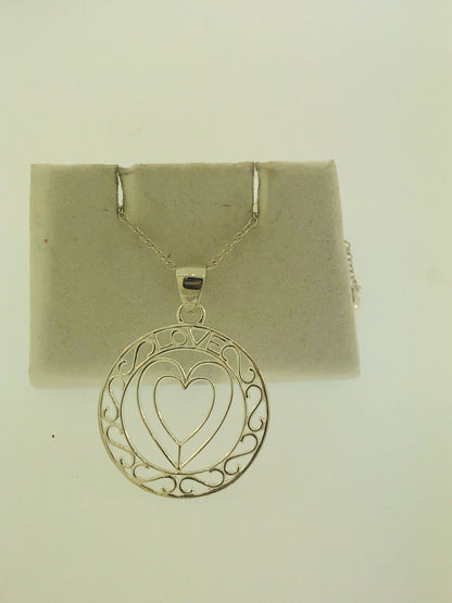 Sterling Silver 925 Heart Cutout Love Filigree Sweetheart Disc Pendant Necklace