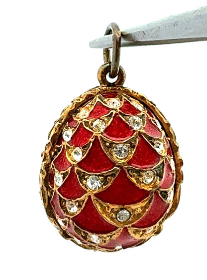 Vintage 925 Sterling Silver Gold Vermeil CZ Red Enamel Faberge Egg Pendant