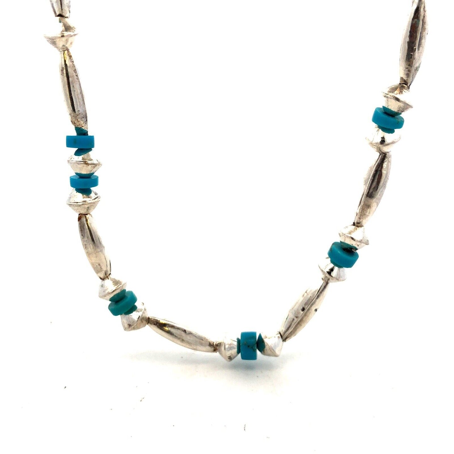 Vintage Native American Old Pawn 925 Sterling Silver Turquoise Beaded Necklace