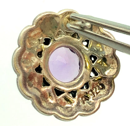 Vintage Designer A 925 Sterling Silver Amethyst Marcasite Flower Stud Earrings