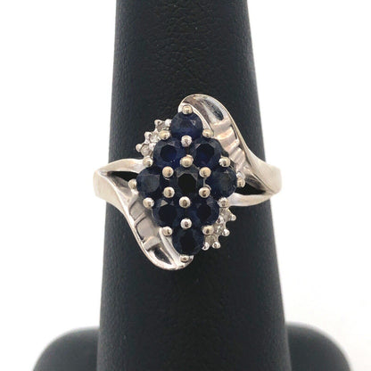 Designer 10K White Gold Round Sapphire Cluster W/Diamond Accents Cocktail Ring