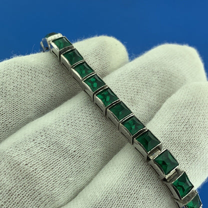 Lovely 1940's Dorsons 925 Sterling Silver Green Glass Rhinestone Tennis Bracelet