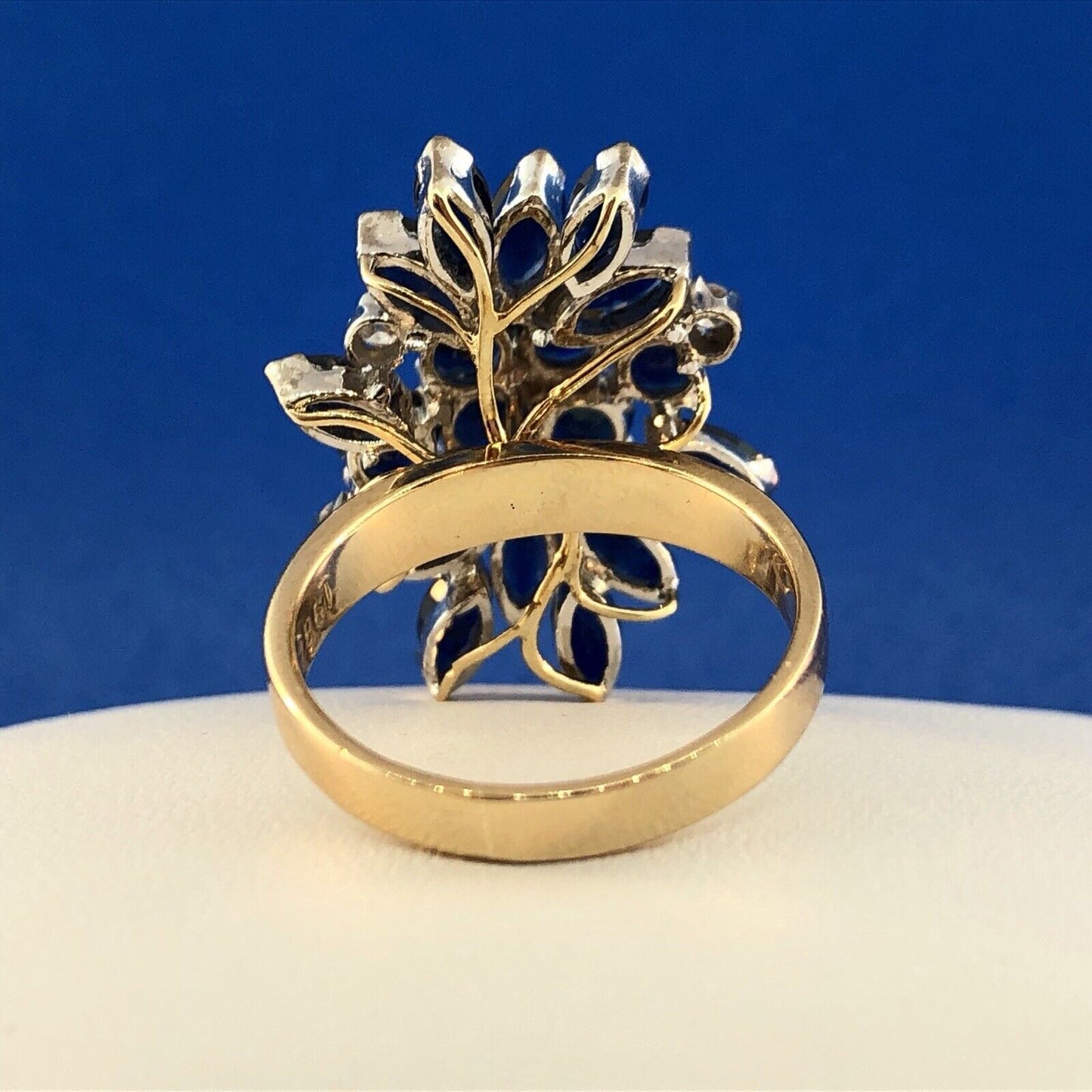 Estate 1982 14K Yellow Gold Sapphire Diamond Waterfall Cluster Statement Ring