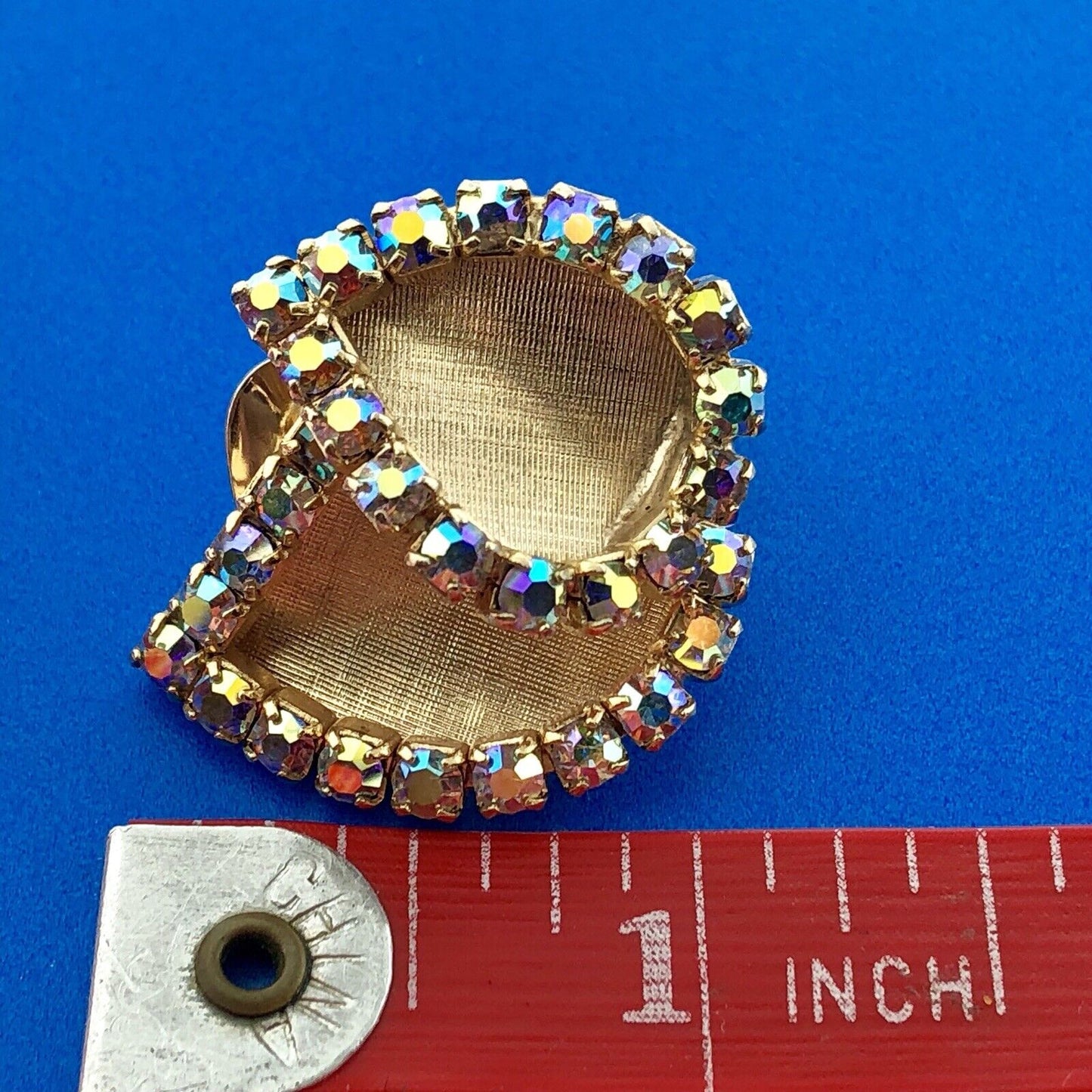 Fantastic Mid Century Gold Tone Florentine Aurora Borealis Rhinestone Earrings