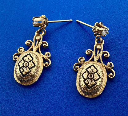Vintage 14k Yellow Gold Diamond Scroll Gothic Chandelier Dangle Drop Earrings