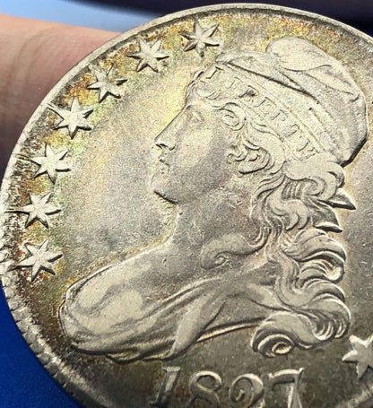 1827 P Capped Bust Silver Half Dollar 50c Early Philadelphia Mint Sunset Tones