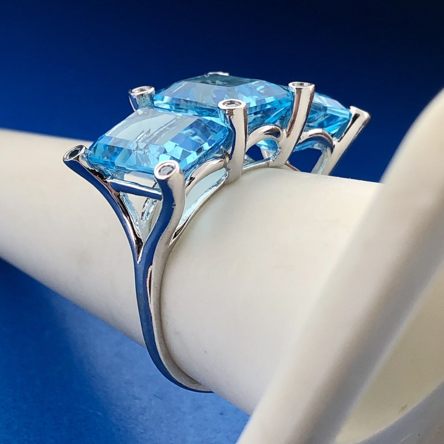 14K White Gold Emerald Cut Swiss Blue Topaz Blue Diamond Accent Size 8 Ring