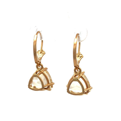 14K Yellow Gold Designer Trillion Honey Lemon Quartz  Leverback Dangle Earrings