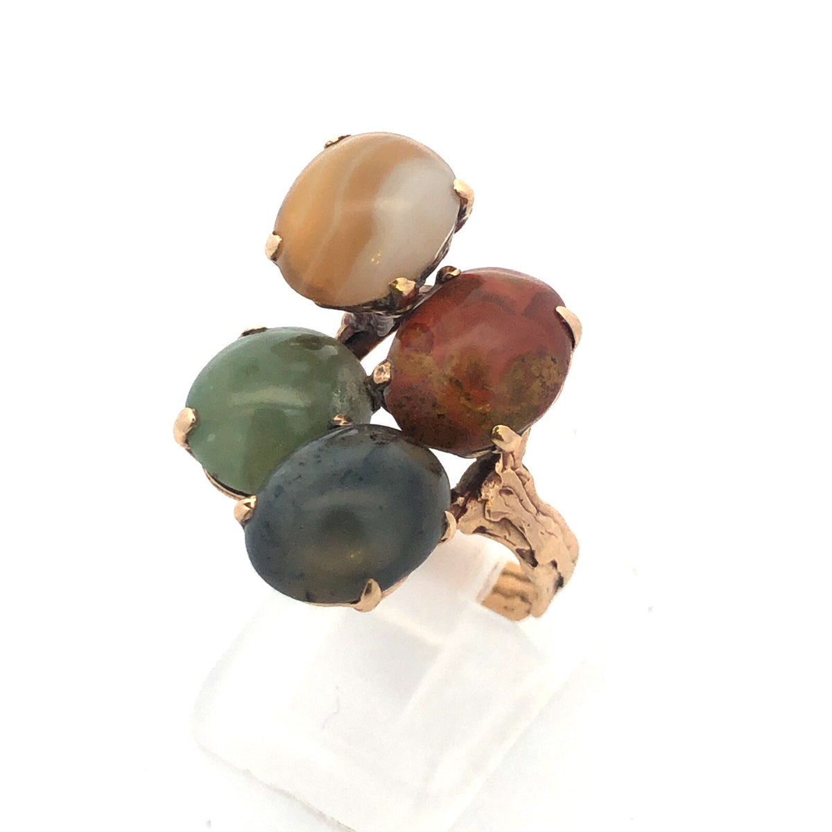 Retro Custom 14K Yellow Gold Jade Agate Jasper Protection Strength Courage Ring