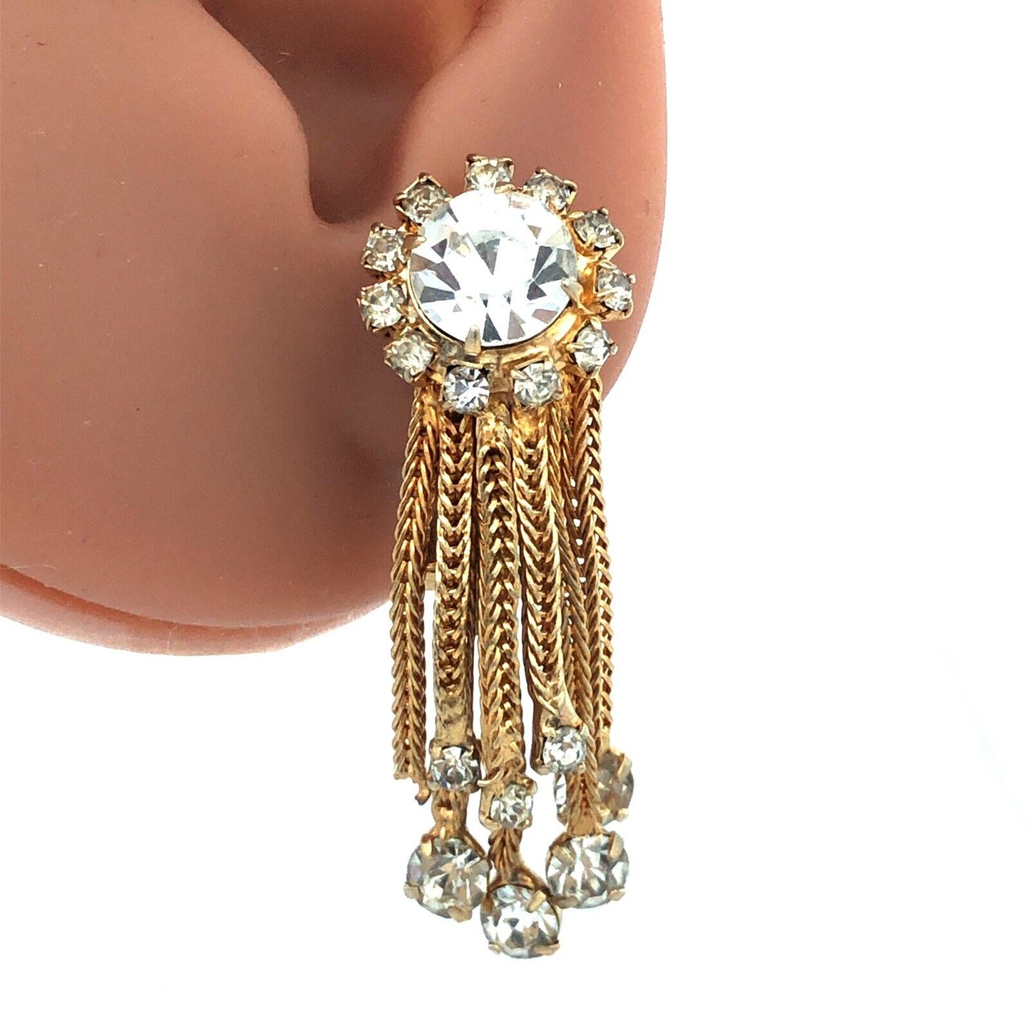 Mid Century Gold Tone Rhinestone Mesh Chain Statement Brooch Earrings 3 Pc Set