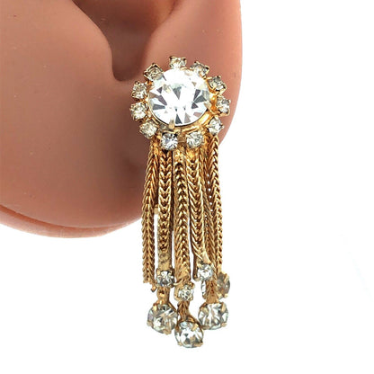 Mid Century Gold Tone Rhinestone Mesh Chain Statement Brooch Earrings 3 Pc Set