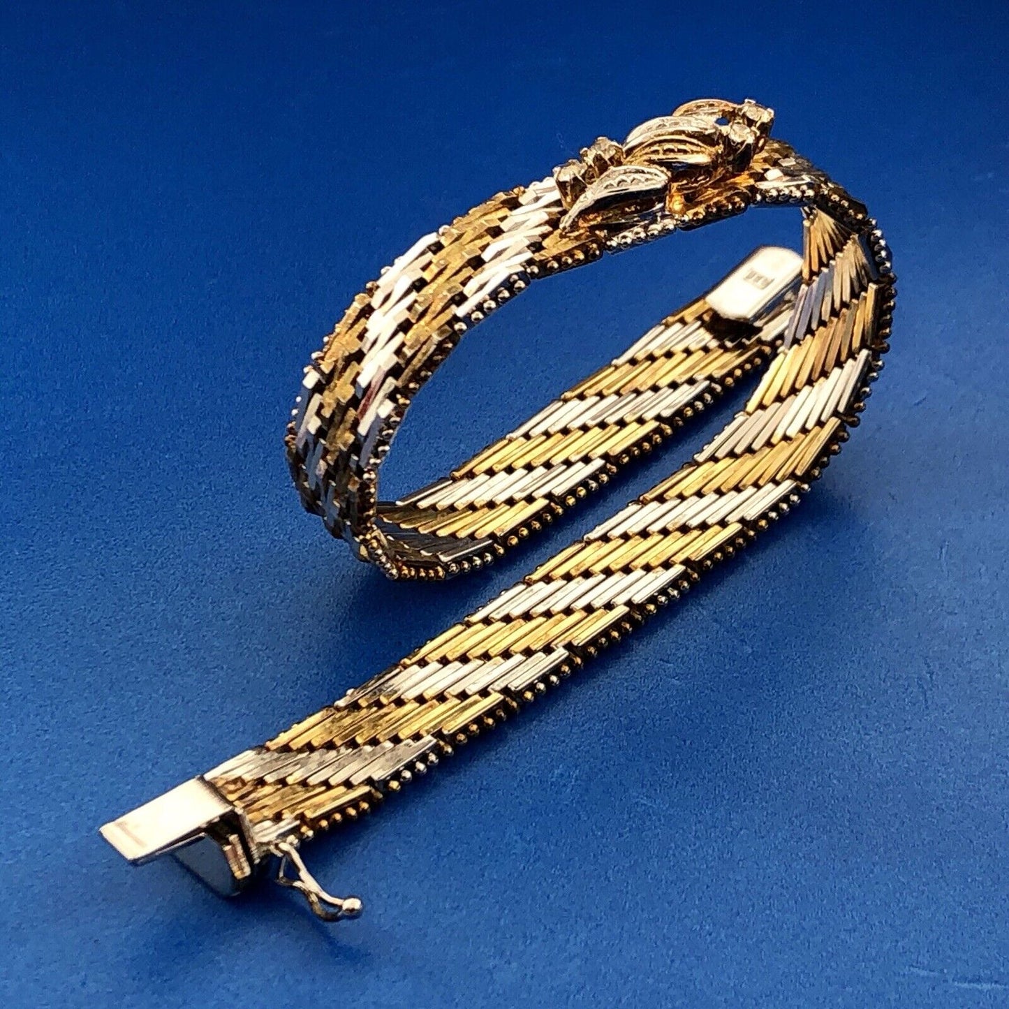 Vintage Sterling Silver 925 Diamond Two Tone Textured Weave Link Bracelet