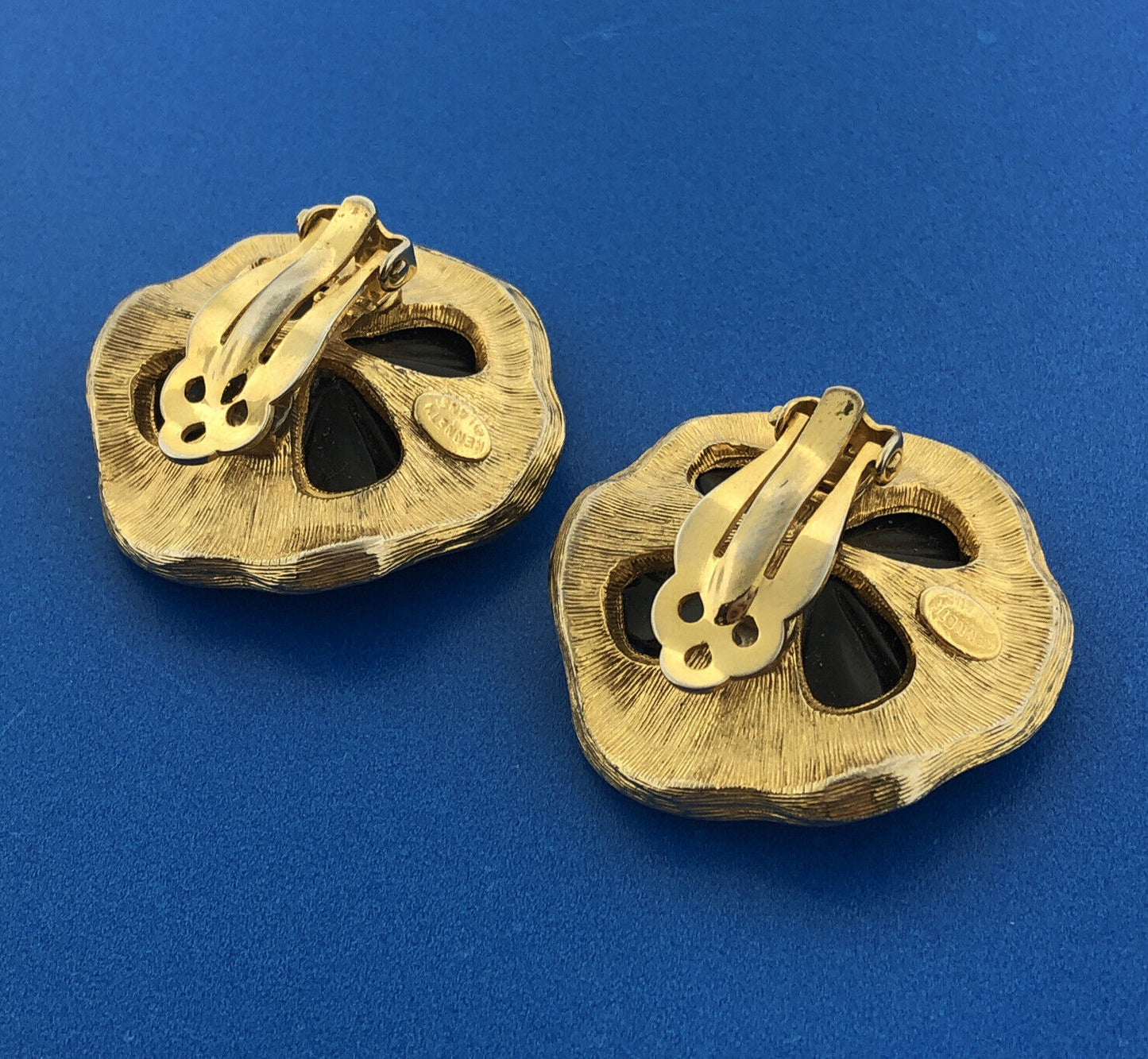 Designer Kenneth Lane Gold Toned Black Resin Floral Clip-On Earrings
