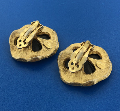 Designer Kenneth Lane Gold Toned Black Resin Floral Clip-On Earrings