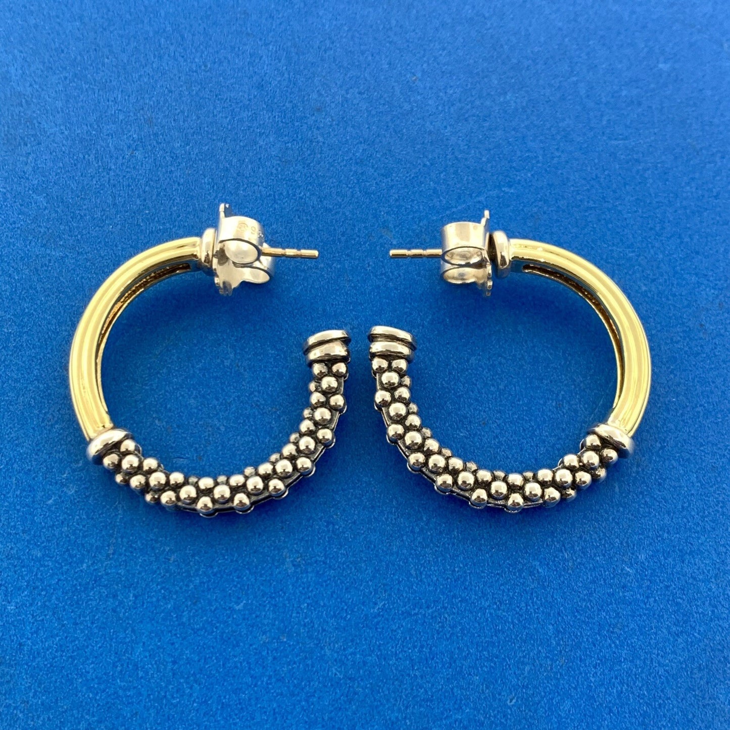 Lagos Caviar 925 Sterling Silver 18K Yellow Gold Two Toned Hoop Earrings