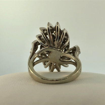 Estate 14K White Gold Diamond Feather Flower Cluster Statement Anniversary Ring