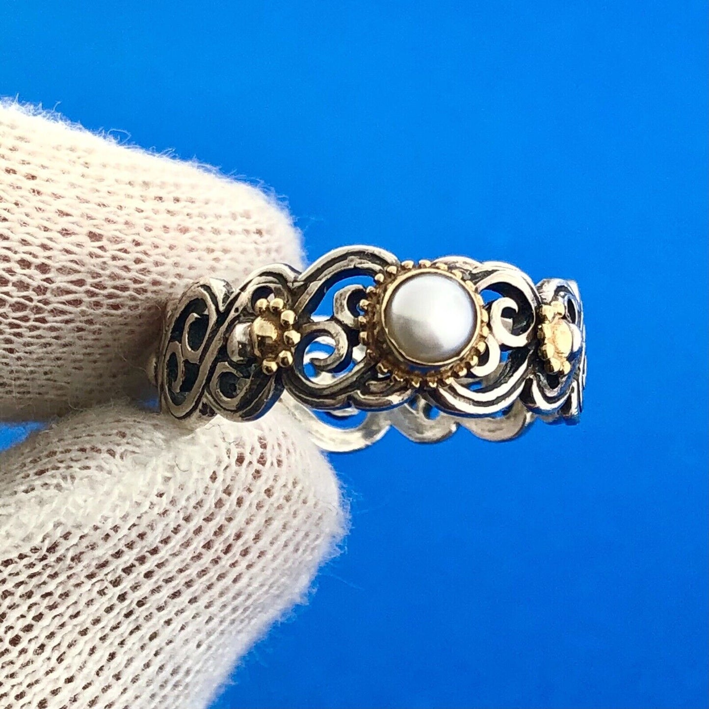 Stunning Sterling Silver 925 Mabe White Pearl Openwork Wavy Ring Size 9.25