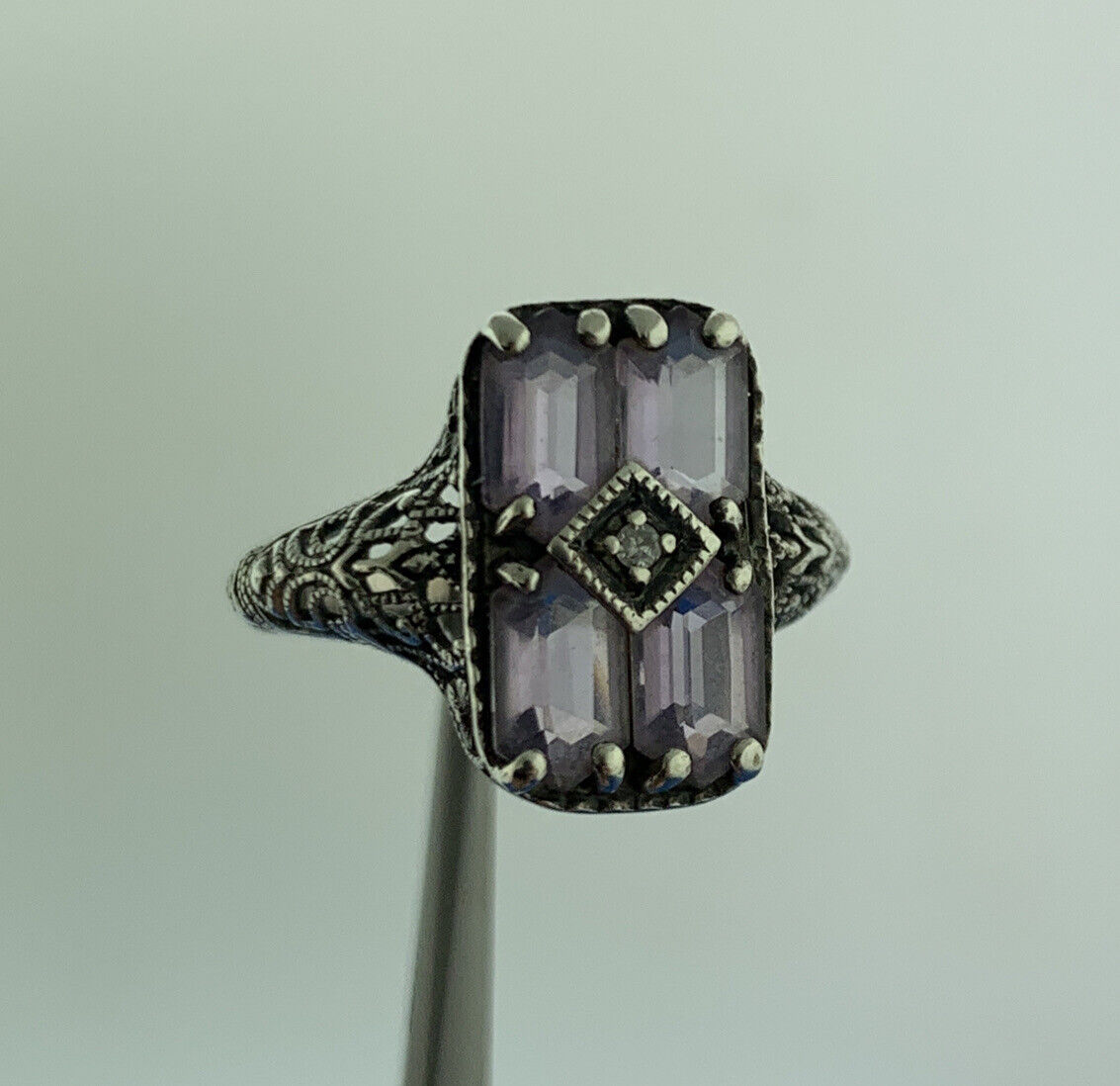 Designer Sterling Silver 925 Hexagon Amethyst Diamond Accent Ring Size 6.75