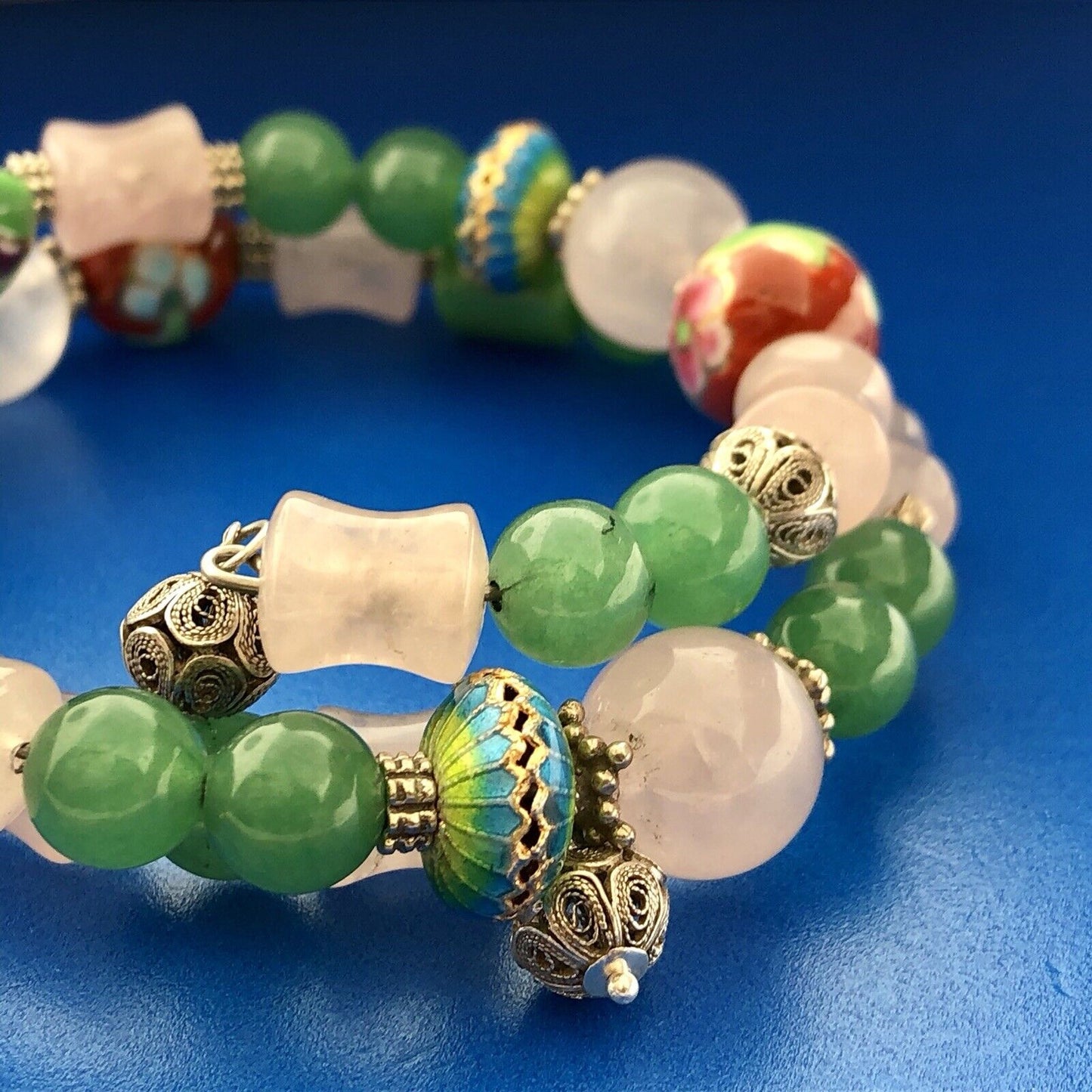 Sterling Silver Green Lavender Jade Ceramic Cloisonne Bead Three Wrap Bracelet