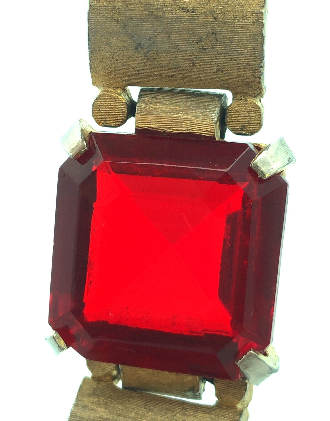 Chunky Funky 70's Runway Couture Gold Tone Square Red Glass Modernist Bracelet