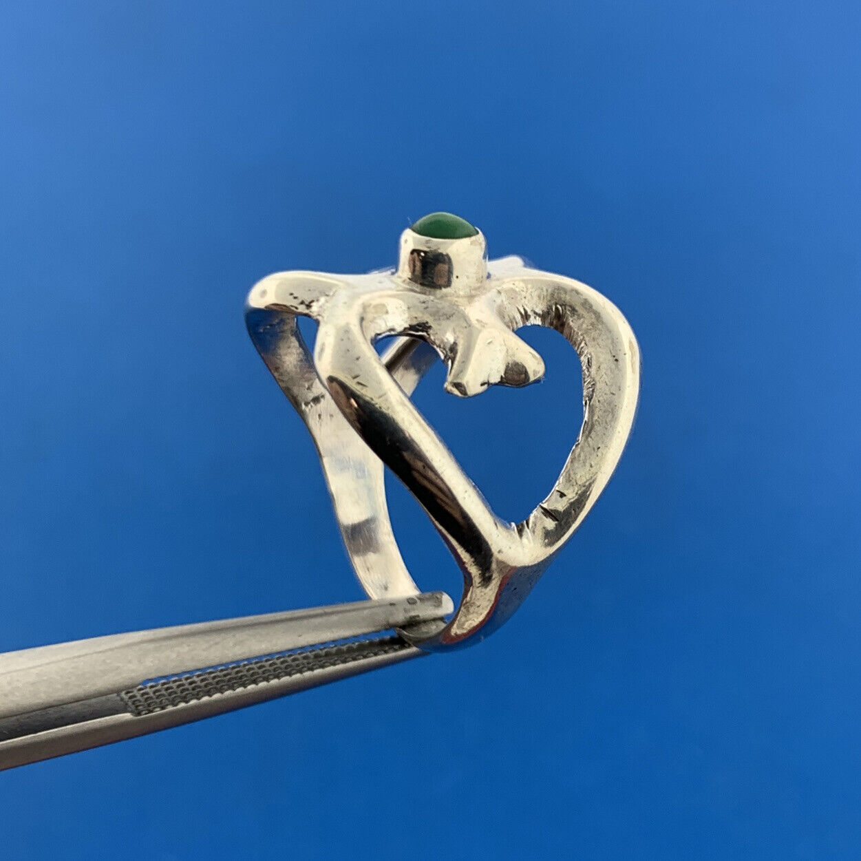 Stunning Sterling Silver 925 Cabochon Green Turquoise Open Heart Ring Size 6