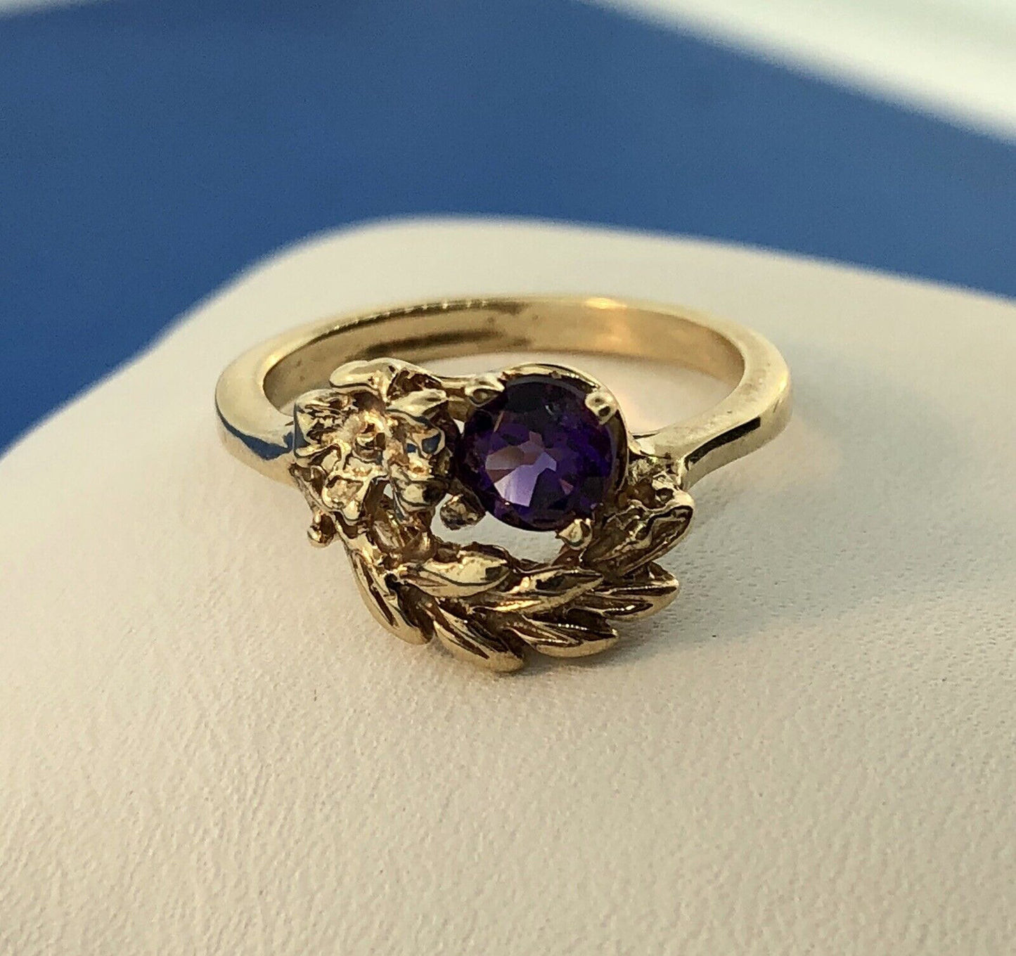 Art Deco 14K Yellow Gold Amethyst Floral Leaf Grecian February Anniversary Ring