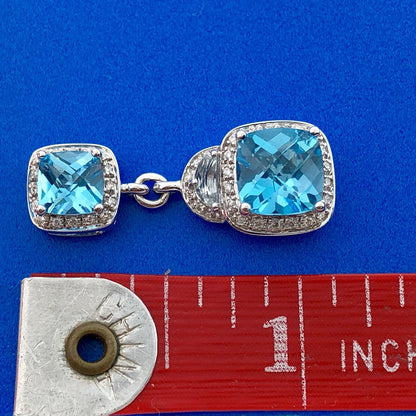Stunning 14K White Gold Blue Topaz Diamond Aquamarine Accent Double Drop Pendant