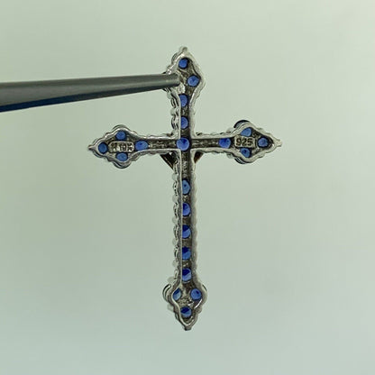Designer 925 Sterling Silver 10K Yellow Gold Sapphire Cross Pendant