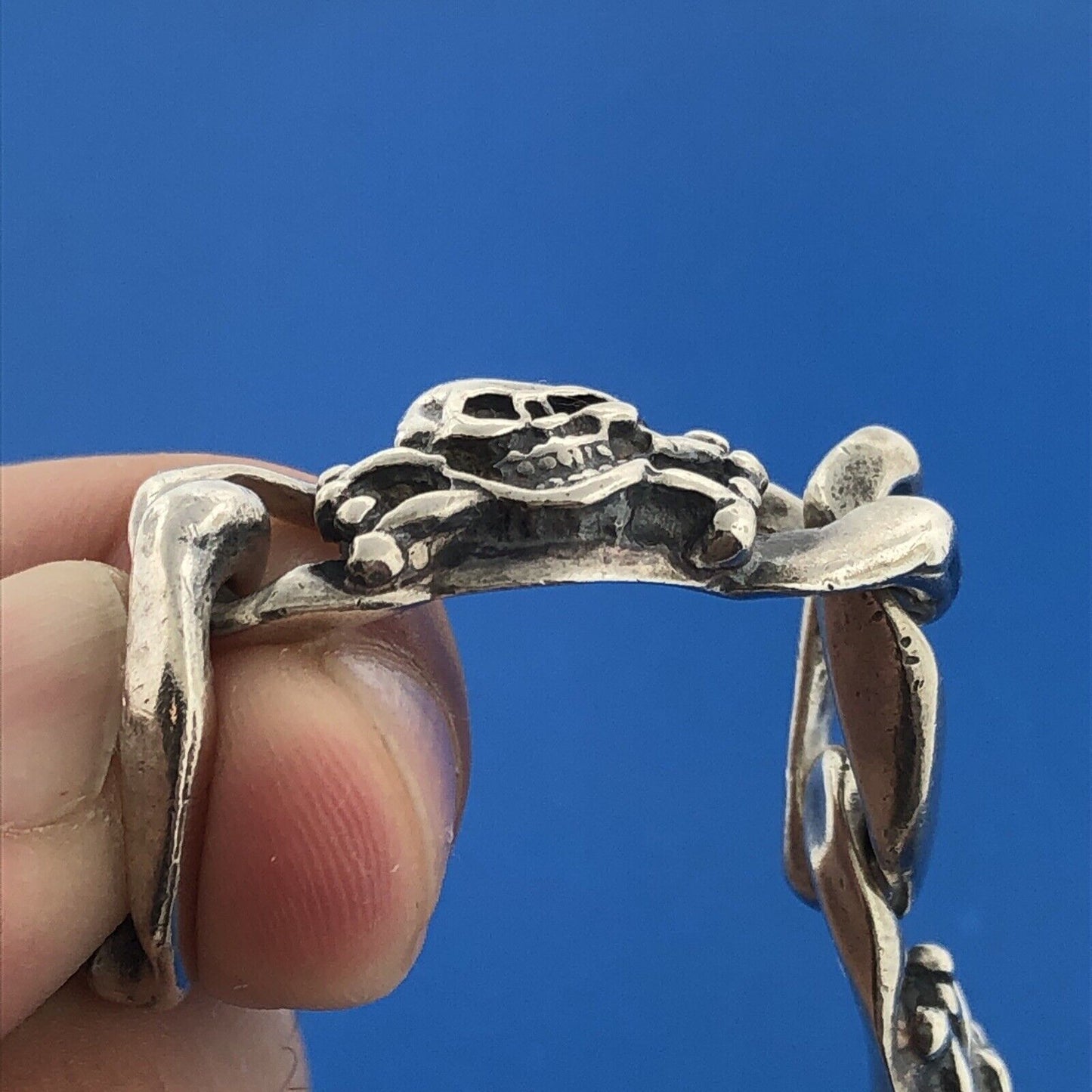 Unisex Sterling Silver 925 Skull Crossbones Biker Statement Bracelet S175