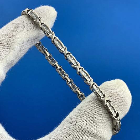 Designer 10K White Gold Channel Set Diamond X O Tennis Bracelet