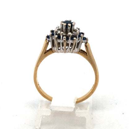 Vintage 14K Yellow White Gold Sapphire Diamond Star Flower Cluster Cocktail Ring