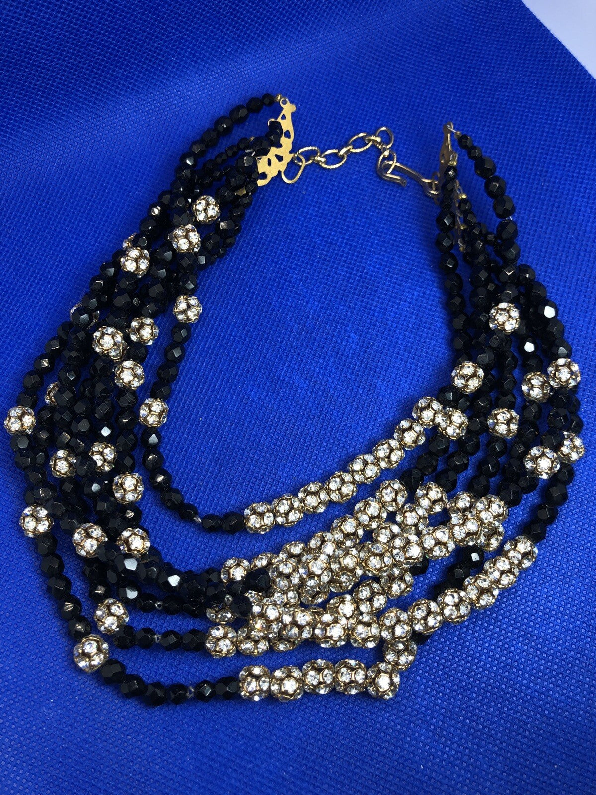 Runway Couture Faceted Jet Bead Rhinestone Layered Statement Collar Necklace