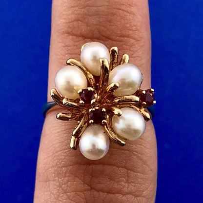 Vintage 14k Yellow Gold Ruby Pearl Cluster Modernist Free Form Cocktail Ring