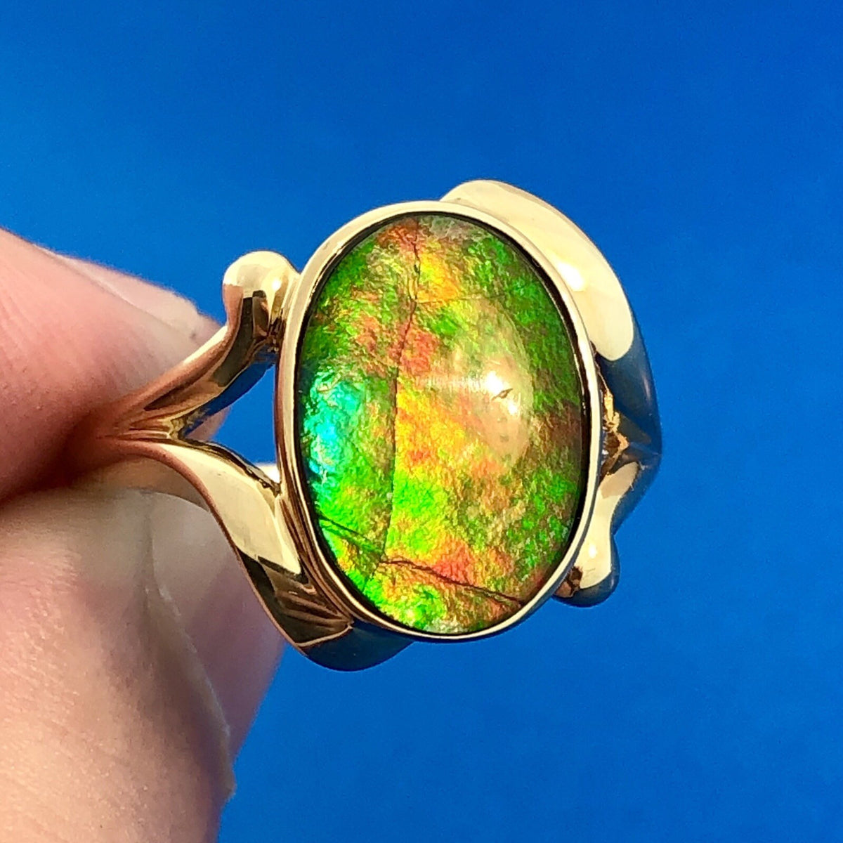 Modernist 14K Yellow Gold Orange Green Opal Oval Doublet Cocktail Ring