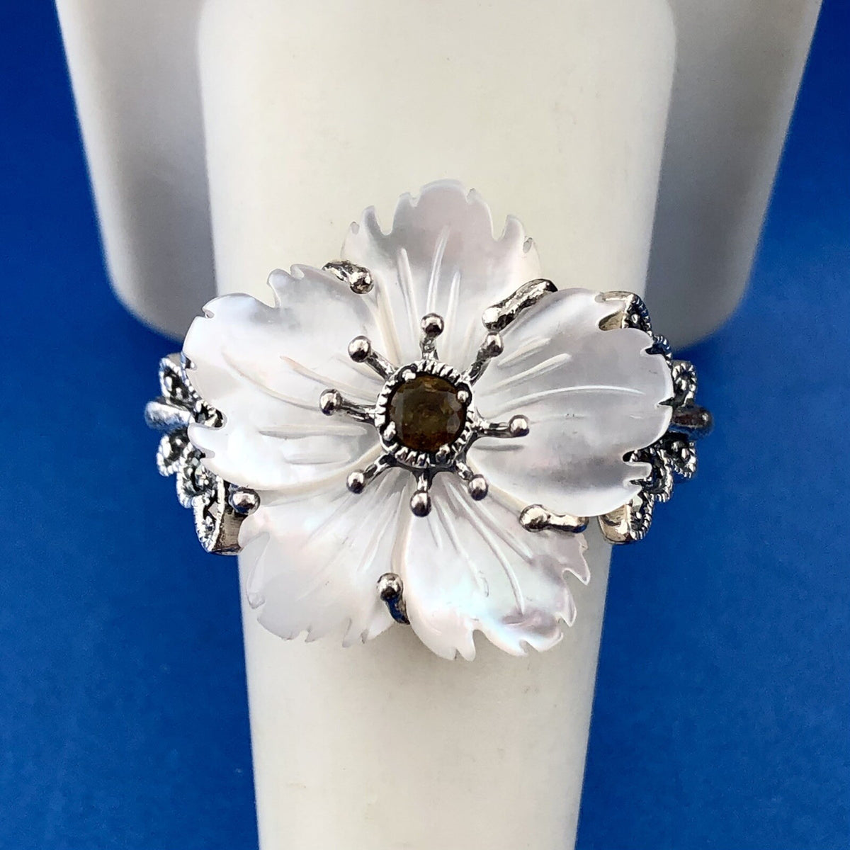 Sterling Silver Citrine Marcasite Mother of Pearl Flower Butterfly Ring Size 9