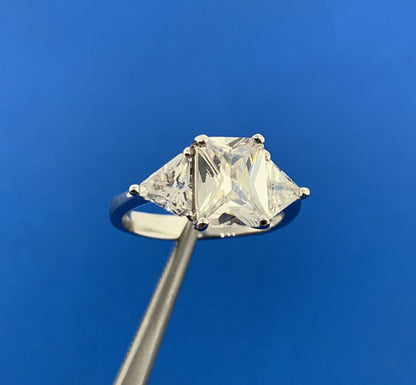 Designer 925 Sterling Silver Emerald Cut Cubic Zirconia Triangle Accented Ring