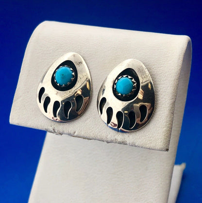 Native American Artisan DF 925 Sterling Silver Turquoise Bear Paw Claw Earrings