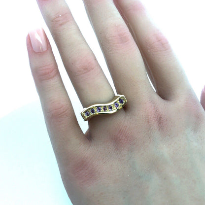 Modernist 14k Yellow Gold Italy Curved Amethyst February Anniversary Band Ring