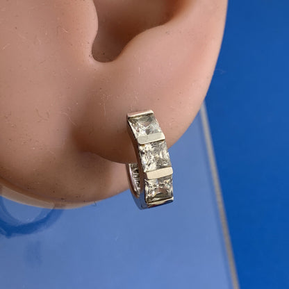 Designer Princess Cut Cubic Zirconia 925 Sterling Silver Huggie Hoop Earrings