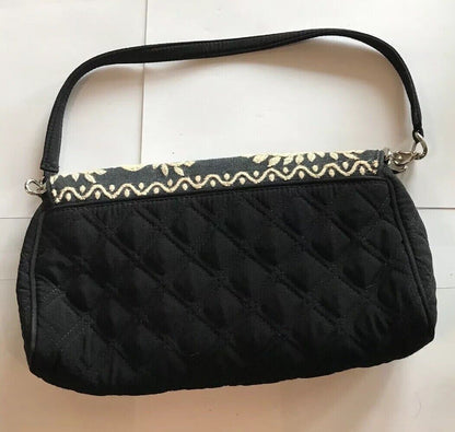 Vera Bradley Black Quilted Microfiber White Embroidered Clutch With Straps