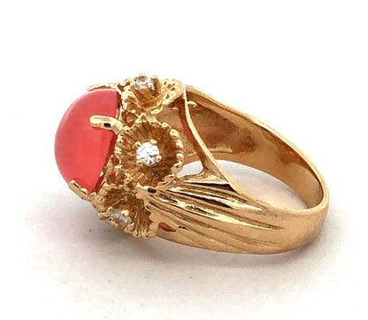 Vintage 14K Yellow Gold Round Morganite Diamond Flower Dome Cocktail Ring