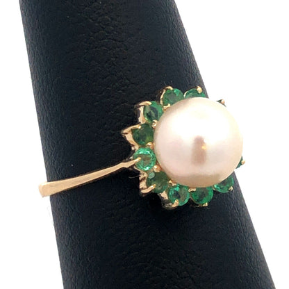 Designer 14K Yellow Gold Round Pearl Green Tourmaline Halo Cocktail Ring