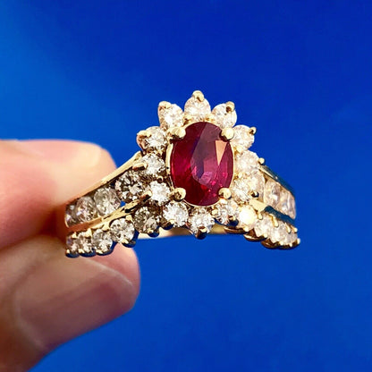 14K Yellow Gold Oval Ruby Diamond Engagement July Bday Cocktail Statement Ring