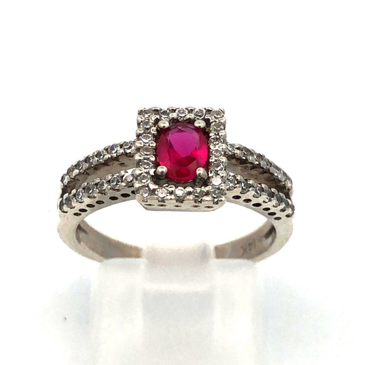 14K White Gold Lab Created Oval Ruby Round Pave Diamond Halo  Ring