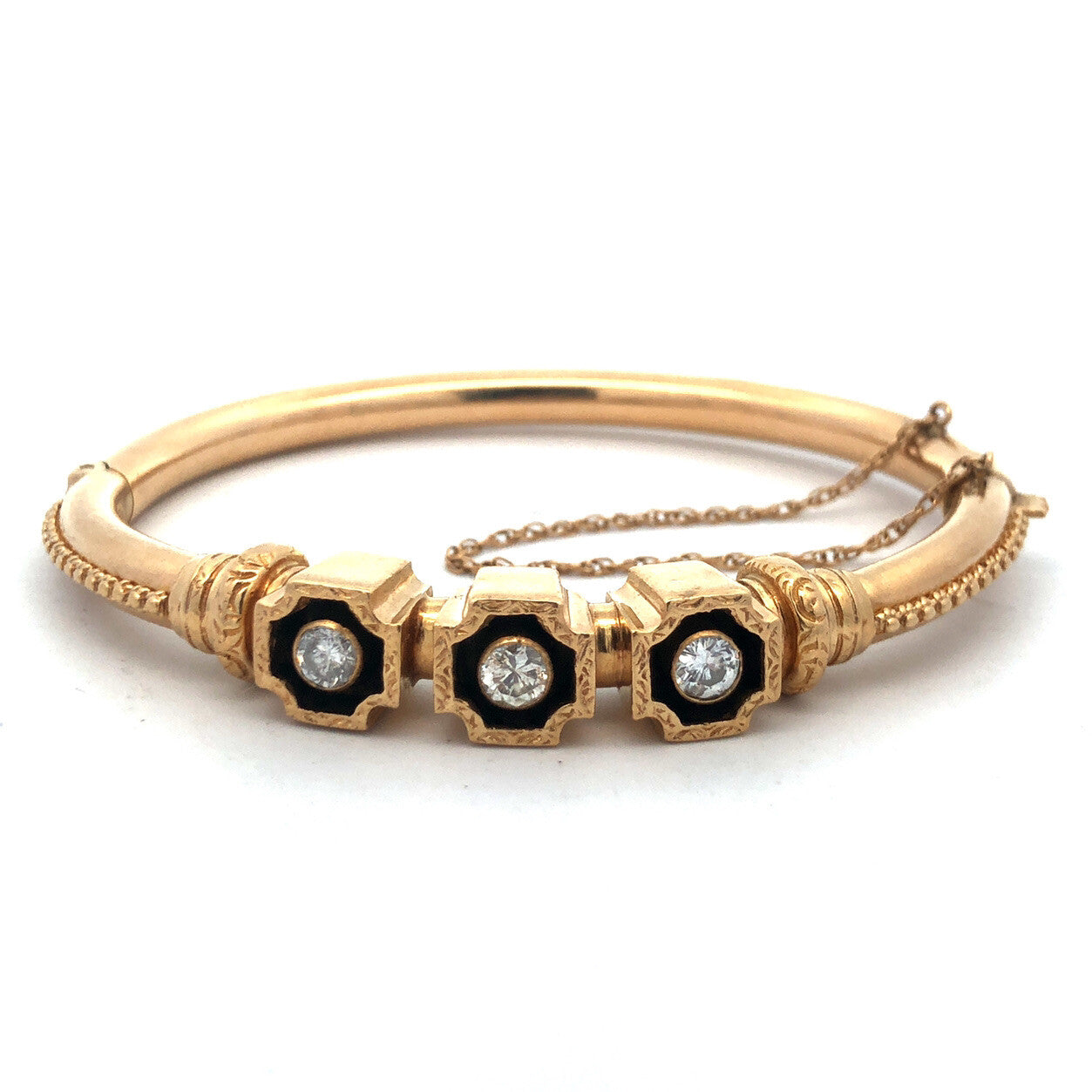 Stunning Designer 1930s Etruscan 14k Yellow Gold Diamond Bangle Bracelet