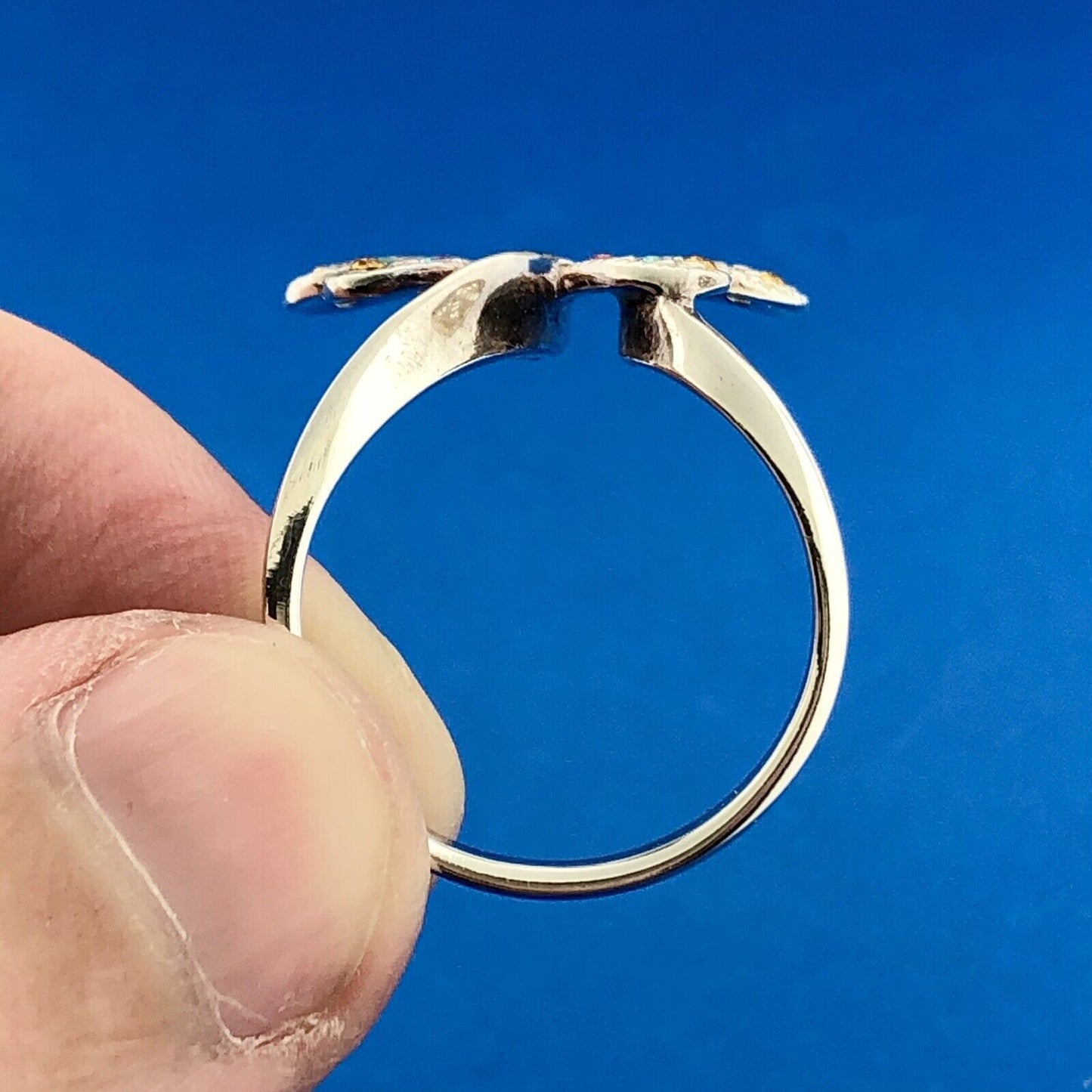 Modernistic Sterling Silver Pink Blue Yellow Cubic Zirconia CZ Butterfly Ring